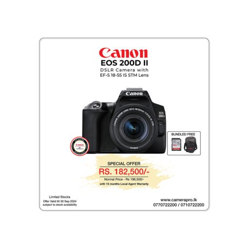 Canon EOS 200DII DLSR Camera & the Canon EF S 18-55 IS STM kit lens with 15 months warranty is available at CameraPro Colombo Sri Lanka