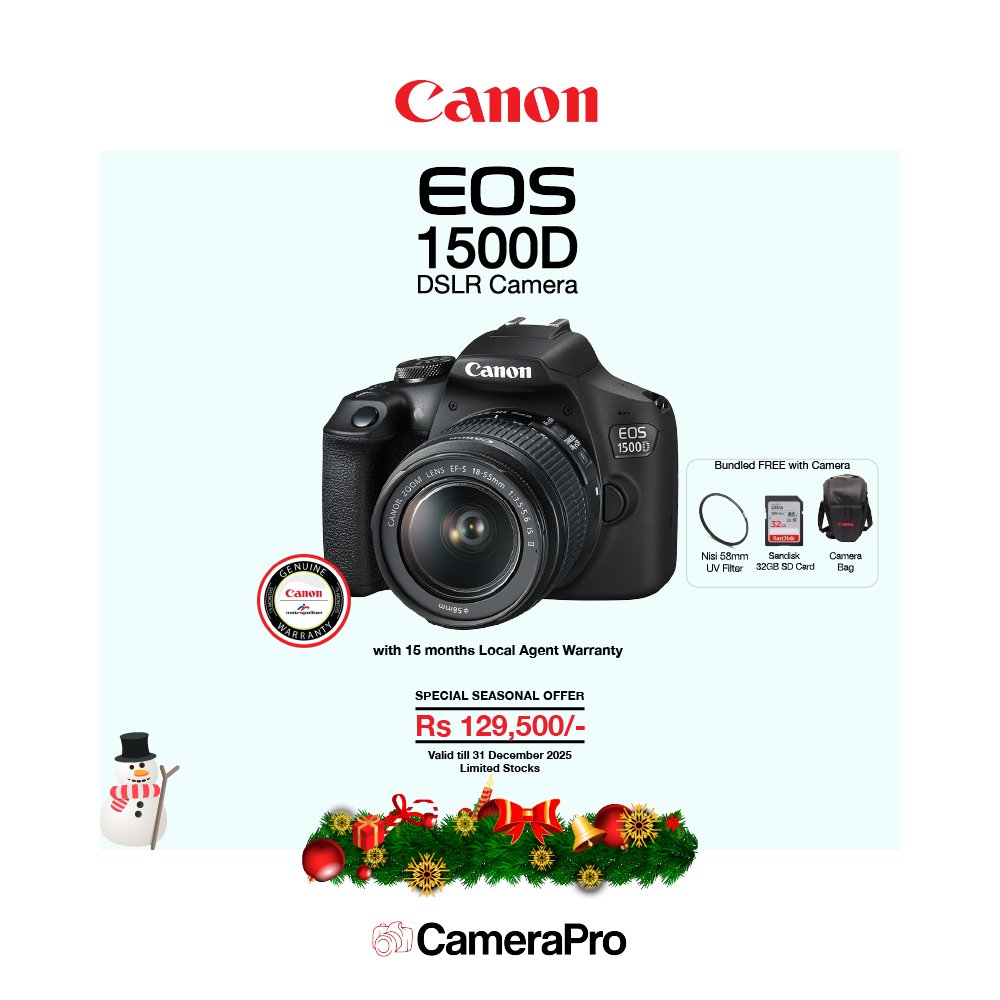 1500D Canon EOS 1500D DLSR Camera & the Canon EF S 18-55 IS II kit lens with 15 months warranty is available at CameraPro Colombo Sri Lanka