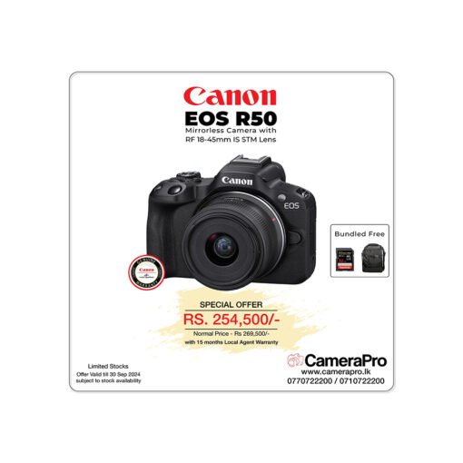 Canon EOS R50 Mirrorless Camera with Canon RF-S18-45mm lens with 15 months warranty available at CameraPro Colombo, Sri Lanka